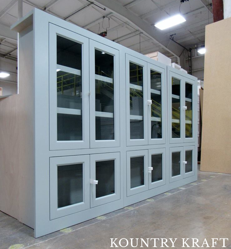 This Butler’s Pantry was Crafted at the Kountry Kraft Shop and Finished with a Light Shade of Blue Cabinet Color with Glass Doors This Butler’s Pantry is Finished with Light Shade of Blue Cabinet Color with Glass Doors