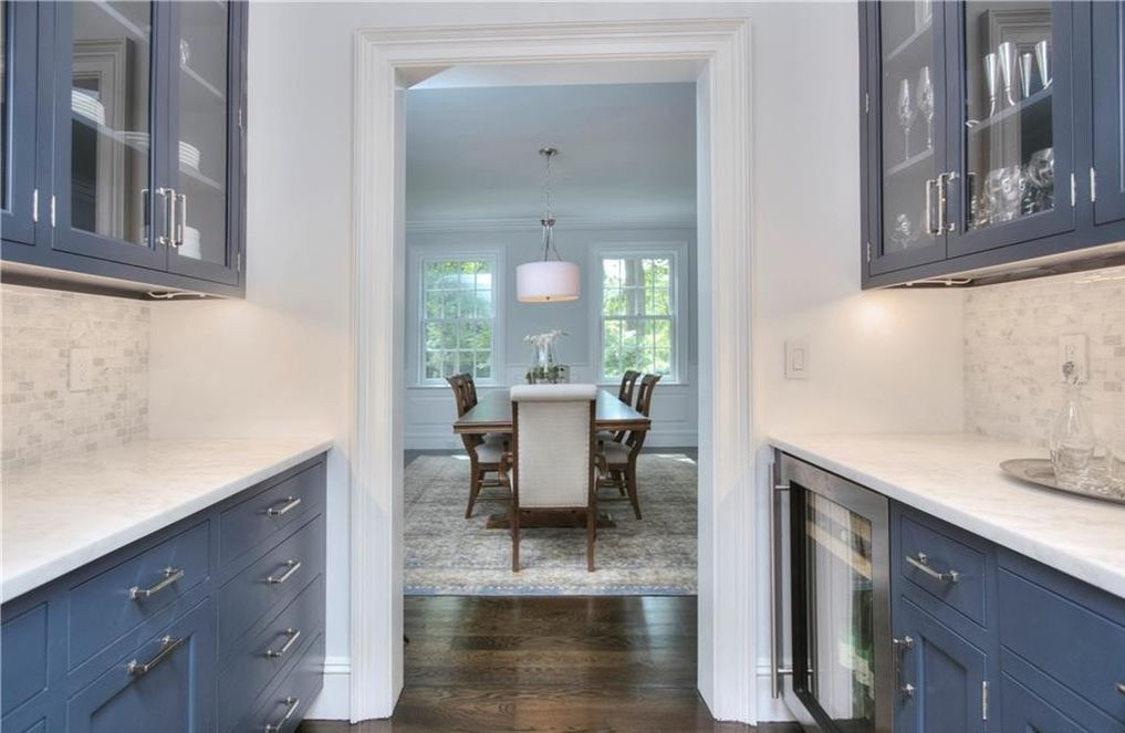 Hale Navy Blue Cabinets Butlers Pantry Hale Navy Blue Cabinets for a Butler's Pantry with White Countertops and Silver Hardware