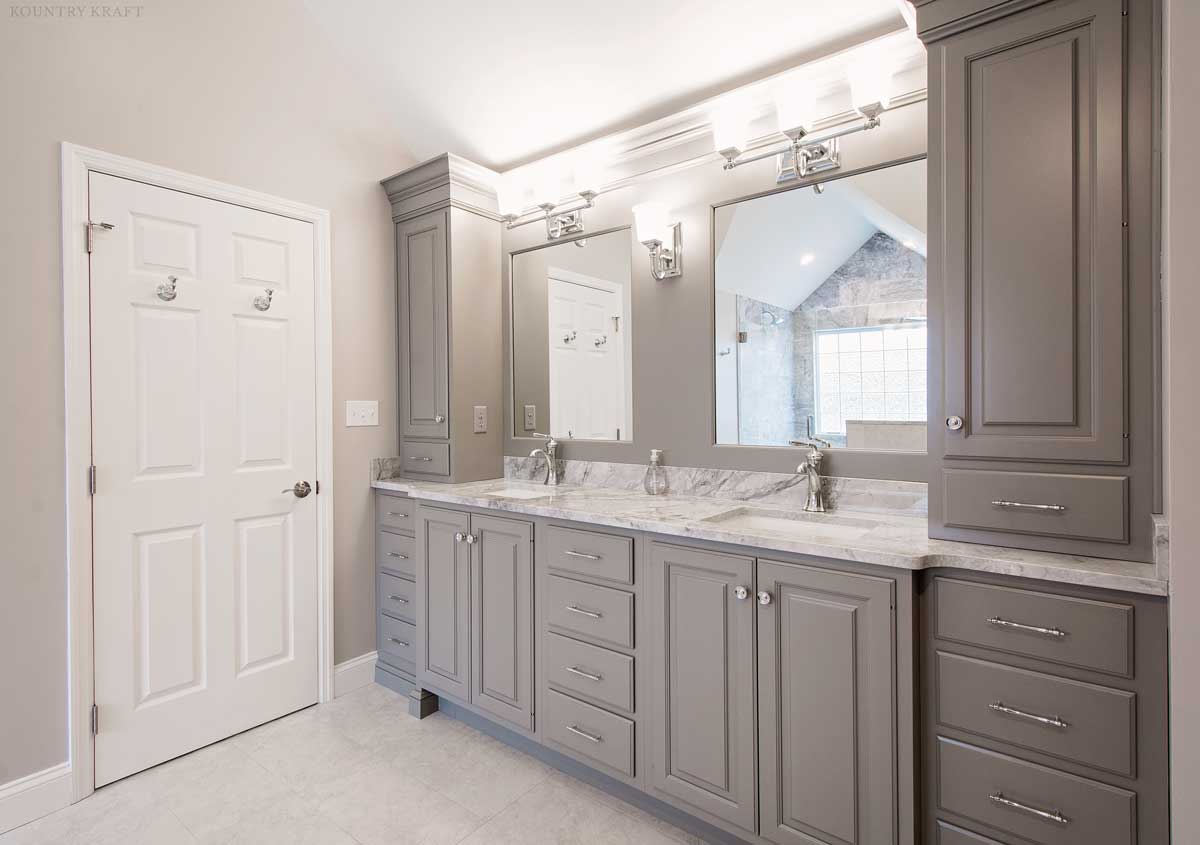 This Master Bathroom Features Gray Custom Bath Cabinets This Master Bathroom Features Gray Custom Bath Cabinets Crafted In Penn Line Style Cabinets