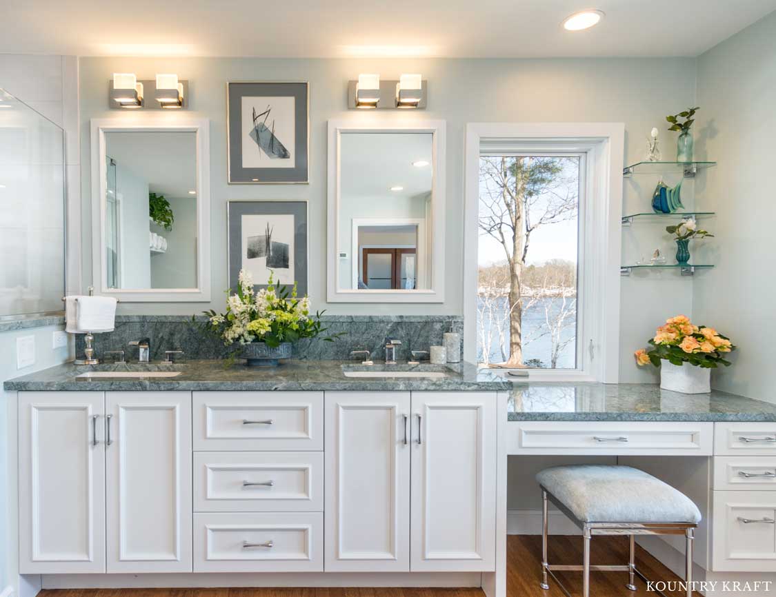 This Bathroom Features White Custom Bath Cabinets This Bathroom Features Custom White Bath Cabinets With A Makeup Station To Match The Vanity