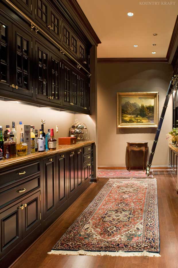 Custom Home Bar with Cabinets to Display a Wine Collection custom home bar with custom cabinets to display the clients exquisite wine and spirits collection