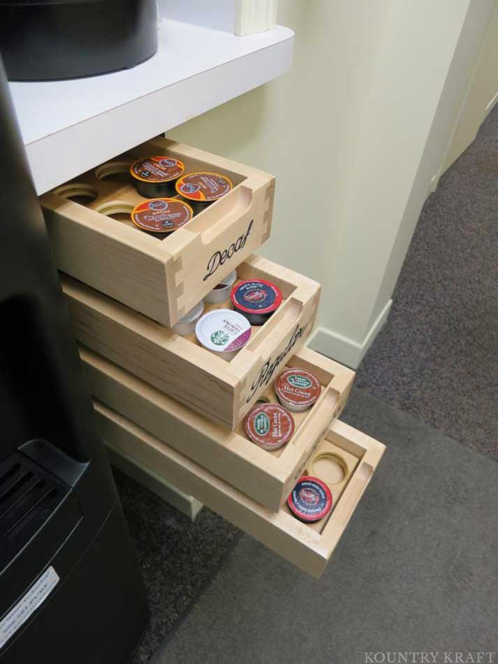 K-Cup Drawers Provide More Counter Space organized keurig coffee cups for small kitchen storage ideas